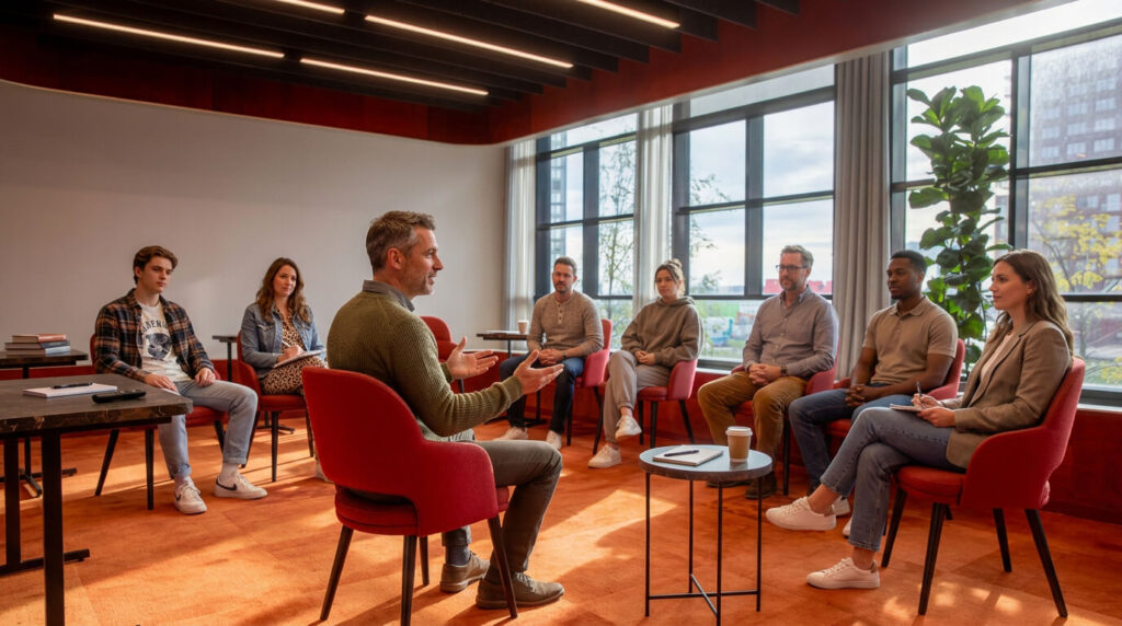 A group of professionals sitting in a training room where they are following a course. The trainer of the course is explaining something to the group and uses his hands while he talks. There are 7 participants in the group and 1 trainer who is leading the group.